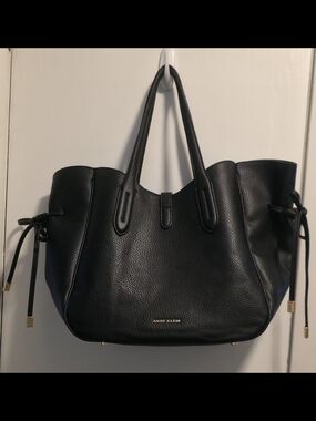 Anne Klein Black Pebbled Leather Tote with Gold Hardware